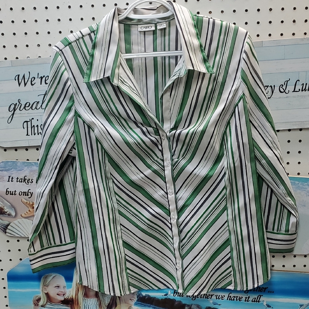 Cato Green and White Button Down Shirt with Notched Collar